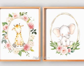 Safari Animal Nursery Wall Art, Baby Girl Nursery Decor Set of 2, INSTANT DOWNLOAD