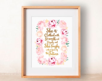 She is Clothed with Strength and Dignity, Pink Nursery Wall Decor, Baby Shower Gift, Proverbs 31 25, Inspirational Quotes