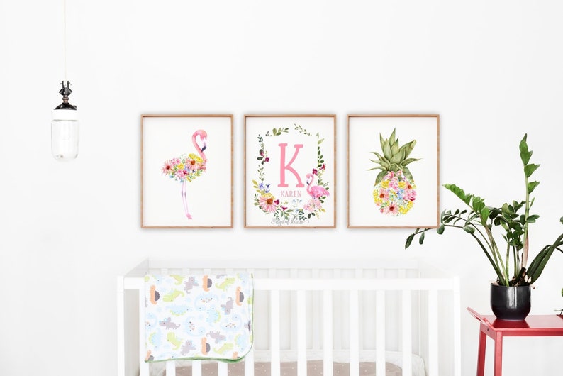 Pink Flamingo Nursery Wall Decor Tropical Decor Monogram Etsy