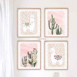 Decoración de vivero de llamas, estampados de llamas y cactus, arte de guardería para niñas, arte de pared de guardería IMPRIMIBLE, regalo de baby shower de llamas, conjunto de 4, 103 imagen 1