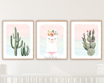 Llama Nursery Wall Art, Cactus Print, Llama Decor, llama PRINTABLE, Boho Nursery Art, Desert Theme Nursery Art, Set of 3, 103