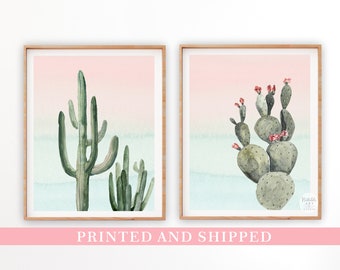 Cactus Art Prints,Boho Nursery Wall Art, Watercolor Cactus Prints, Cactus Baby Shower, Pink and Mint Nursery Art, Printed and Mailed