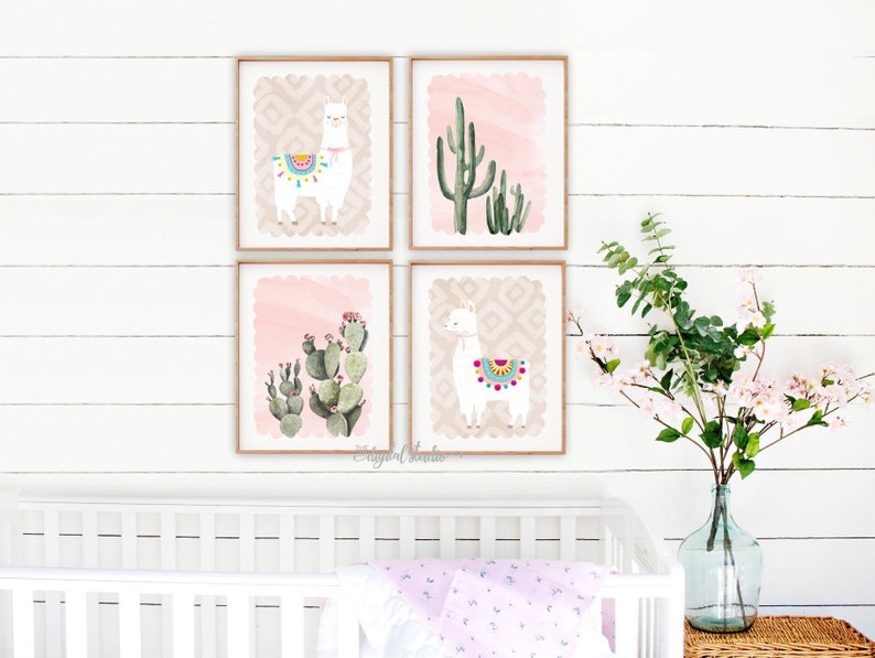 Decoración de vivero de llamas, estampados de llamas y cactus, arte de guardería para niñas, arte de pared de guardería IMPRIMIBLE, regalo de baby shower de llamas, conjunto de 4, 103 imagen 4