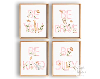 Baby Girl Safari Nursery Decor, Be Brave Be Kind Silly, Nursery Wall Art, Jungle Nursery Art , Nursery Quote Art, Pink Baby Room Decor,  202