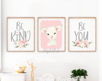 Lamb Nursery Print, Farm Animal Printable, Baby Girl Pink Nursery Wall Decor, Be Kind, Be You Prints, Set of 3