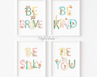 Baby Girl Nursery Decor, Nursery Wall Art, Baby Room Decor, Be You Be Brave Be Kind Be Silly, Nursery Quote Art, Set of 4 Prints, 101