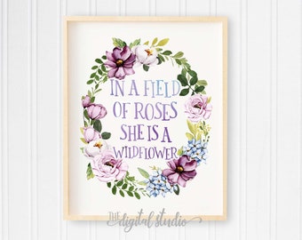 In a Field of Roses Quote, Baby Girl Nursery Decor, Purple Girl Nursery Wall Art, PRINTABLE Nursery Art, Baby Shower Nursery Art, 106