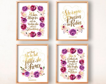 Girl Nursery Quote Prints, Purple and Gold Nursery Wall Art, Floral Nursery Wall Decor, Let her Sleep, And Though She, She is more Precious