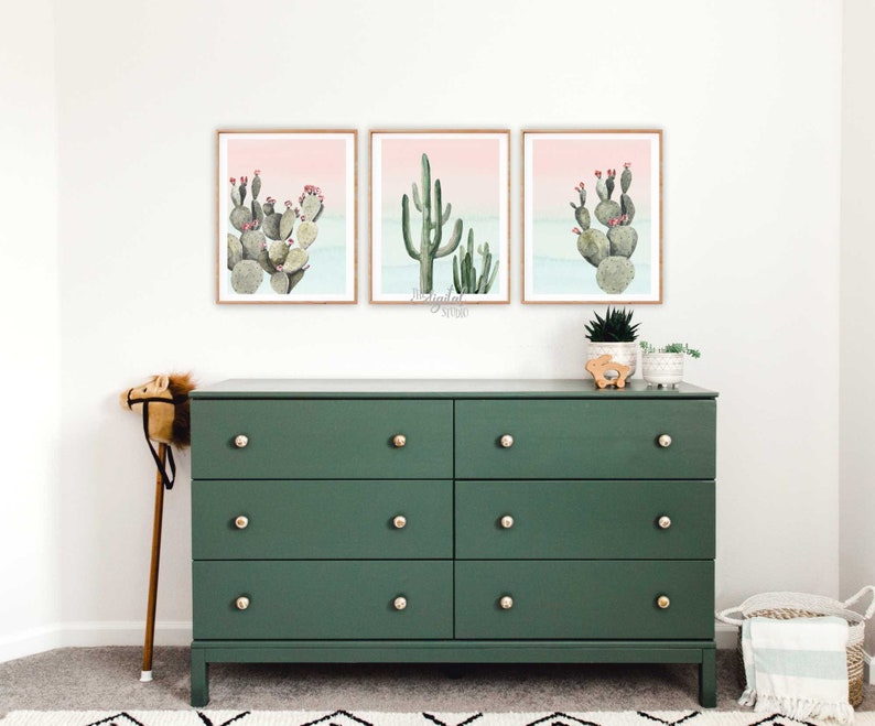 Cactus Art PRINTABLE Boho Nursery Wall Art Set of 3 Nursery Cactus Printable Art Cactus Nursery Decor Downloads Baby Girl Nursery