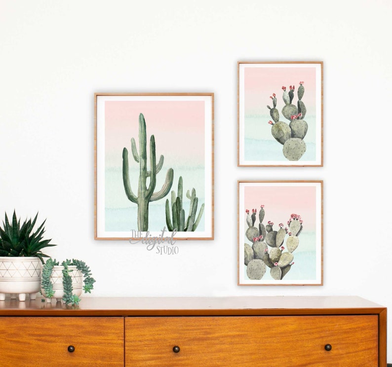 Cactus Art PRINTABLE Boho Nursery Wall Art Set of 3 Nursery Cactus Printable Art Cactus Nursery Decor Downloads Baby Girl Nursery