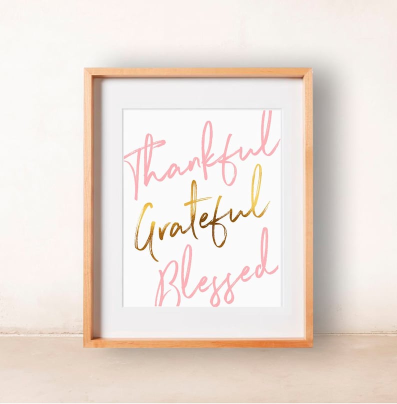 Thankful Grateful Blessed Wall Art Pink and Gold Foil Wall | Etsy