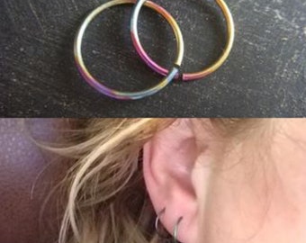 Rainbow Niobium Hoop Earrings 20g, Cartilage, Tragus, Helix, Body Piercing, Sleeper Earrings, Hypoallergenic 10mm