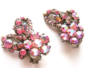 Vintage Hollycraft Pink Crystal Earrings Pink AB Crystal Clip on Earrings - bridal jewelry