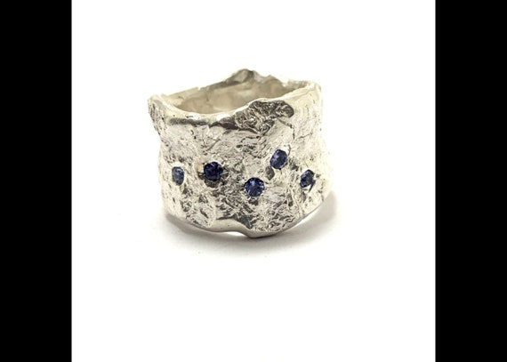 Oxidized Sterling Silver Tanzanite Ring, Chunky Wide Band, Size 7
