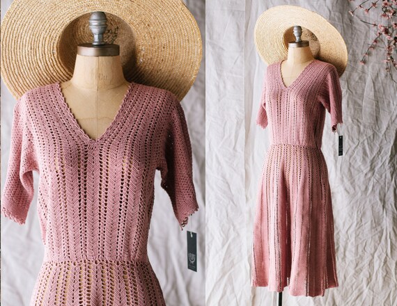 1930s Crocheted Dress - Coral Pale Pink Knit Cotto