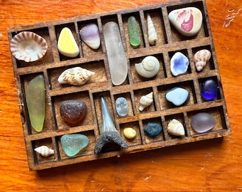 A Limited Edition Miniature Printer’s Tray #9 (mission oak stain) Assortment of beach-found treasures: hand-signed on back.