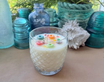 Blessed Be the Froot Loops soy hidden sea glass candle in patterned glass tumbler