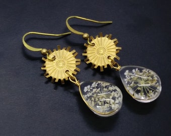 Artisan made vintage encased real flowers in glass with brass drop earrings, Spring or Summer dress, sweet, baby's breath, gold