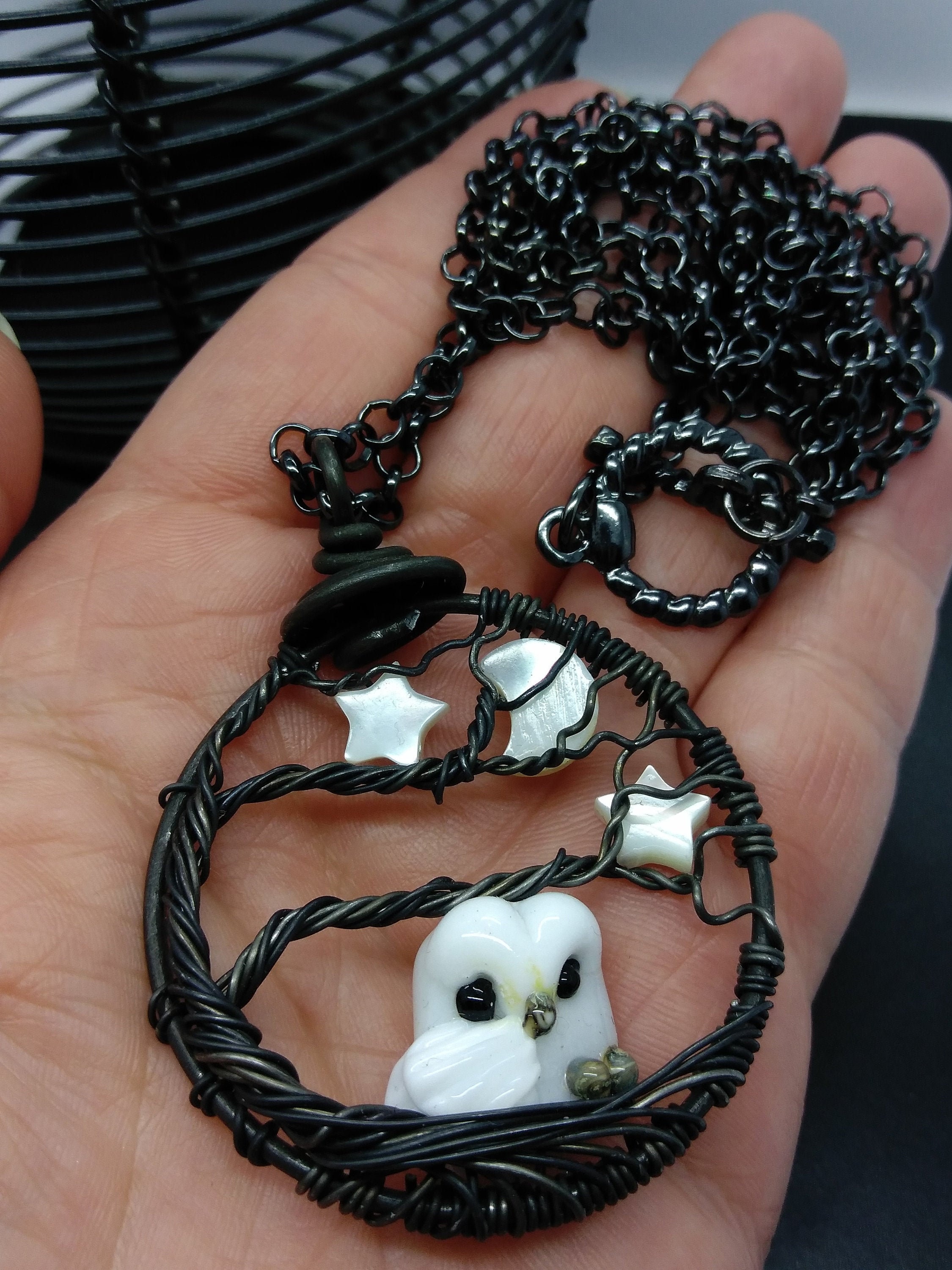 Wire wrapped owl tree of life pendant necklace, Moon and stars, Mother of Pearl, Owl lover, artisan 