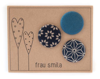 B-STOCK: Juego de botones • 3 piezas • tela • pequeño • azul • varios estampados • diámetro 24,5 mm