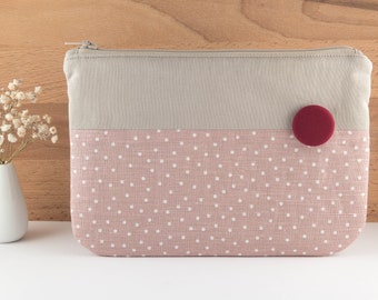 Bag • fabric • pink • dots • burgundy button • storage • cosmetic bag