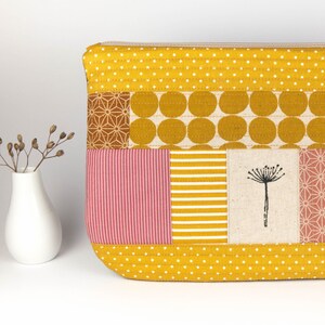 EINZELSTÜCK: Täschchen • Patchwork • Pusteblume • gelb • rosa • Kosmetiktasche • Stoff • Muster • Quilt • grau