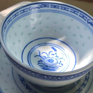 One Teacup and Saucer - Rice Grain Chinese Porcelain Underglaze Blue and White