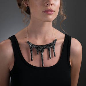 Silver Statement Necklace / Statement Bib Necklace / Chunky Necklace / Black Resin Necklace
