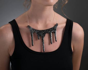 Silver Statement Necklace / Statement Bib Necklace / Chunky Necklace / Black Resin Necklace