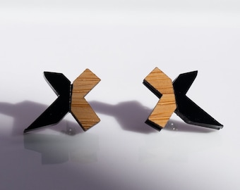 Small Black & Wood Earrings | Boho Wooden Earrings | Resin Wood Earrings | Trendy Earrings - EXED