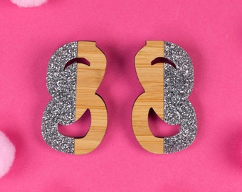 Silver and Wood Stud Earrings - Abstract