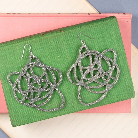 Big Silver Glitter Earrings GRANDE Sparkly Dangle Earrings