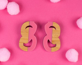 Wood and  Pink Big Stud Earrings - Abstract