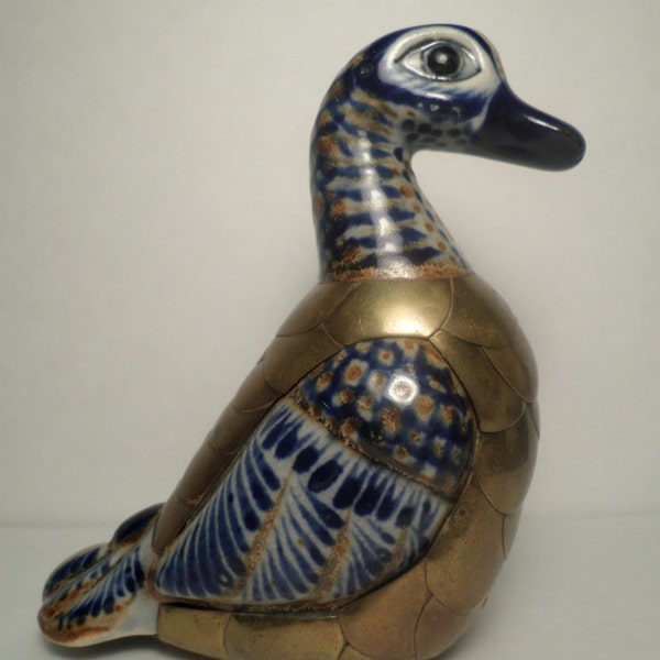 Vintage Hand Painted Tonala Mexican Pottery Duck with Brass Feathers