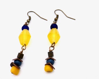 Yellow, Blue, and Antiqued Brass Dangle Earrings