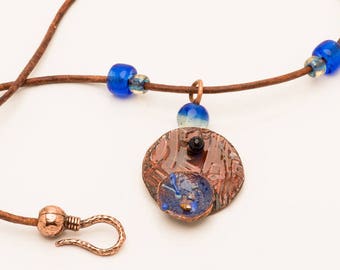 Handmade Copper Pendant with Blue Enamel Necklace