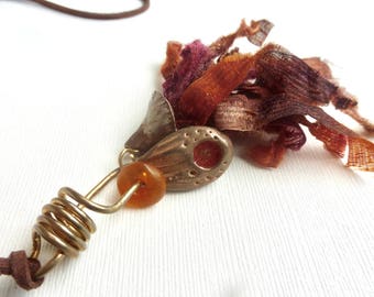 Silk Tassel Necklace with Handmade Brass Dangle and Handmade Copper Cone Bead