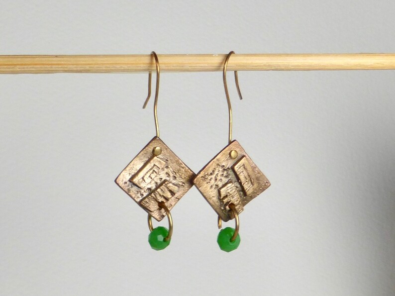 Bronze Earrings with Green Crystal image 8