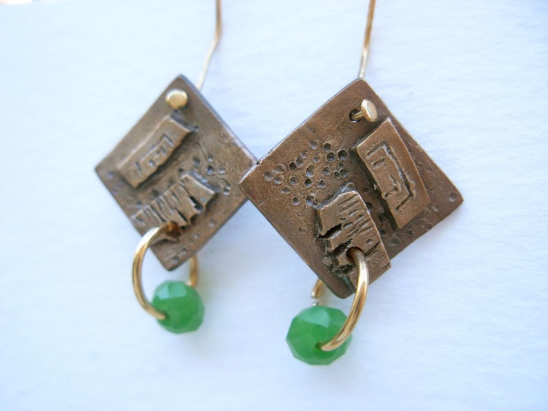 Bronze Earrings with Green Crystal image 5