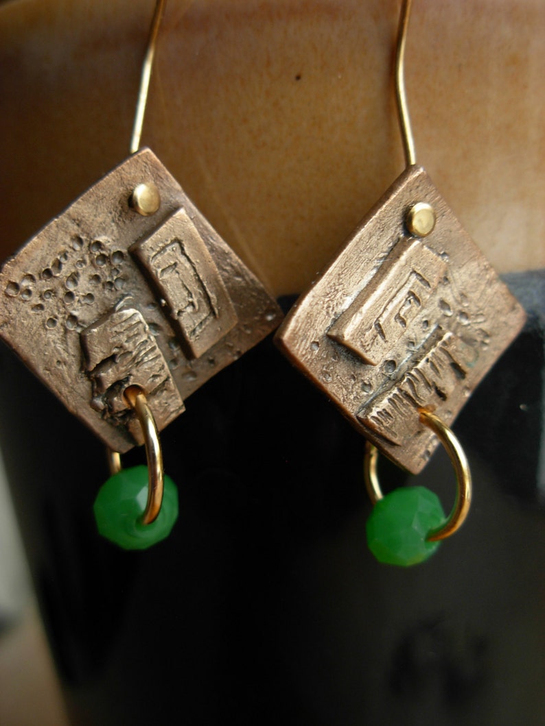 Bronze Earrings with Green Crystal image 2