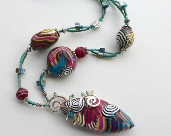 Whimsical Necklace with Silver Wire, Glass and Metal Beads, and Polymer Clay