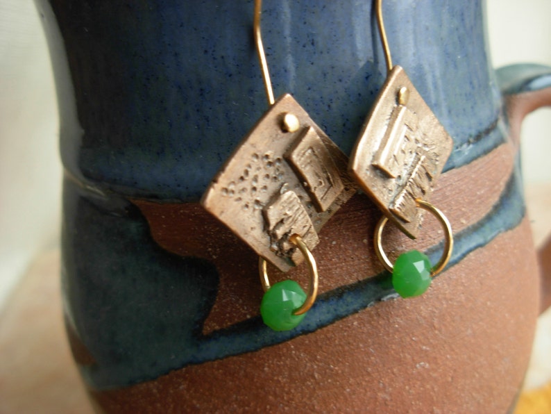 Bronze Earrings with Green Crystal image 6