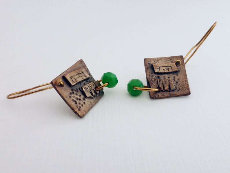 Bronze Earrings with Green Crystal image 3