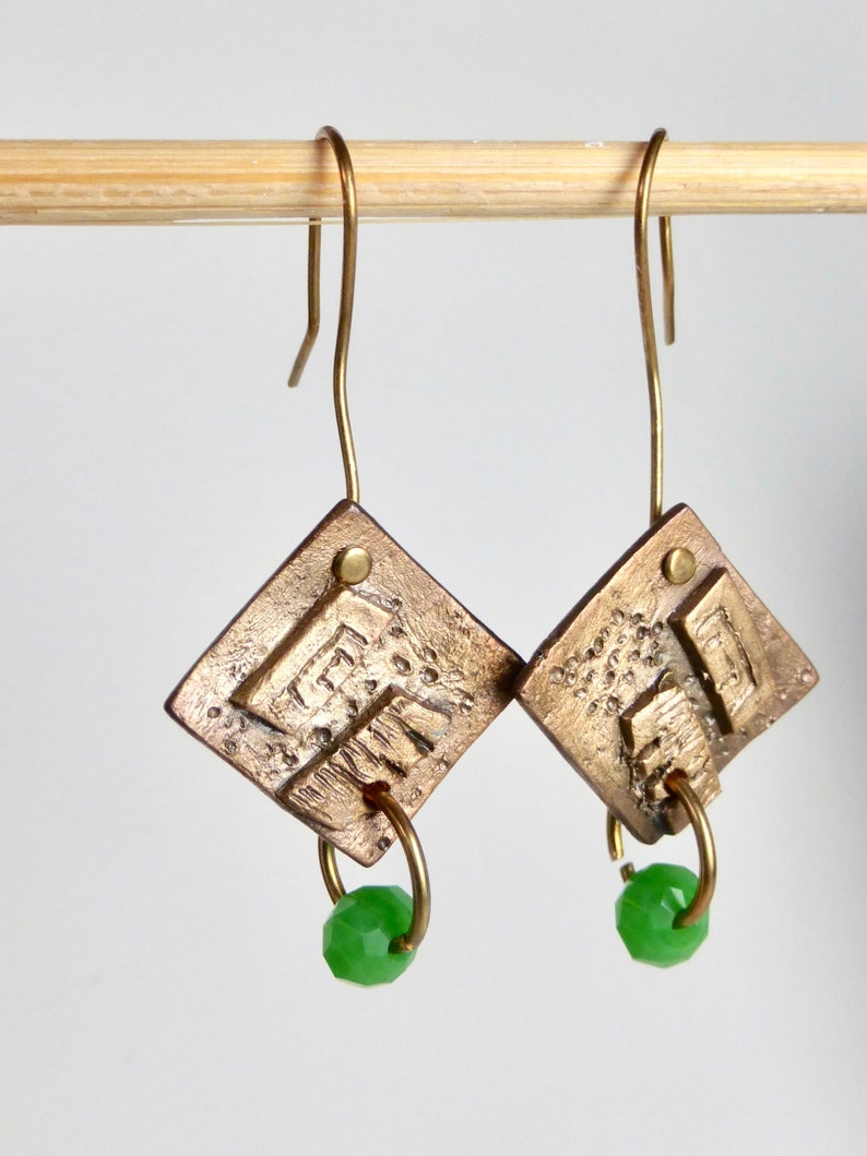 Bronze Earrings with Green Crystal image 1