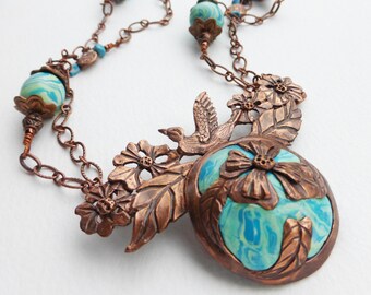 Garden Inspired Copper Bird and Leaves and Necklace