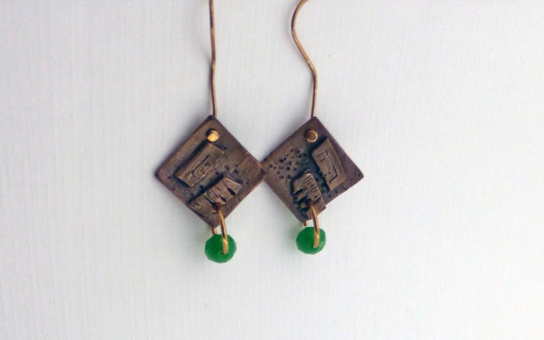 Bronze Earrings with Green Crystal image 7