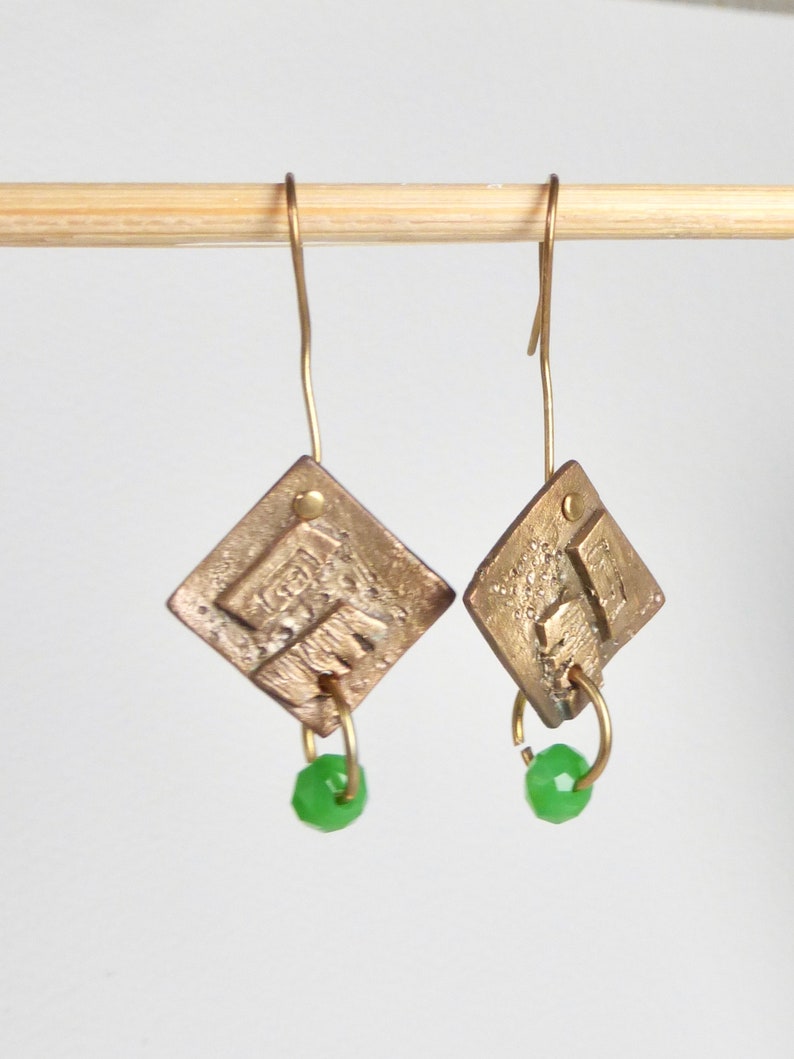 Bronze Earrings with Green Crystal image 4