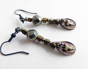 Dangle Earrings with Hematite and Pyrite