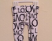 Handmade black and white 'love' baby leggings with cuff, sizes newborn-4T, cute baby leggings, baby boy leggings, baby girl leggings