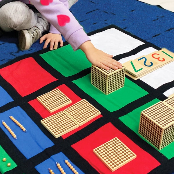 Montessori Place Value working mat, Golden Bead equation Mat,  Montessori Mat,  Montessori Materials, Addition and Subtraction Math Mat